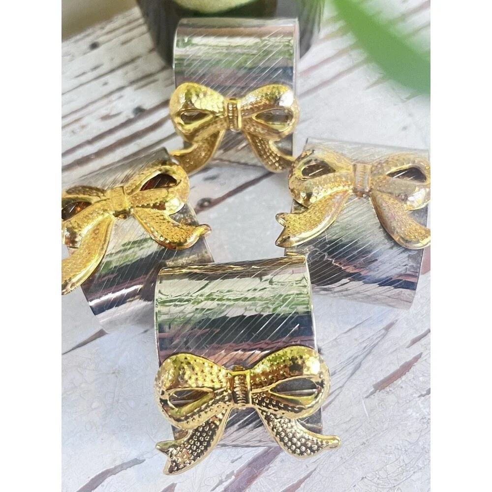 Vintage Oval Shaped Silver Plated Napkin Rings With Gold Bows Set Of 4 / Dining